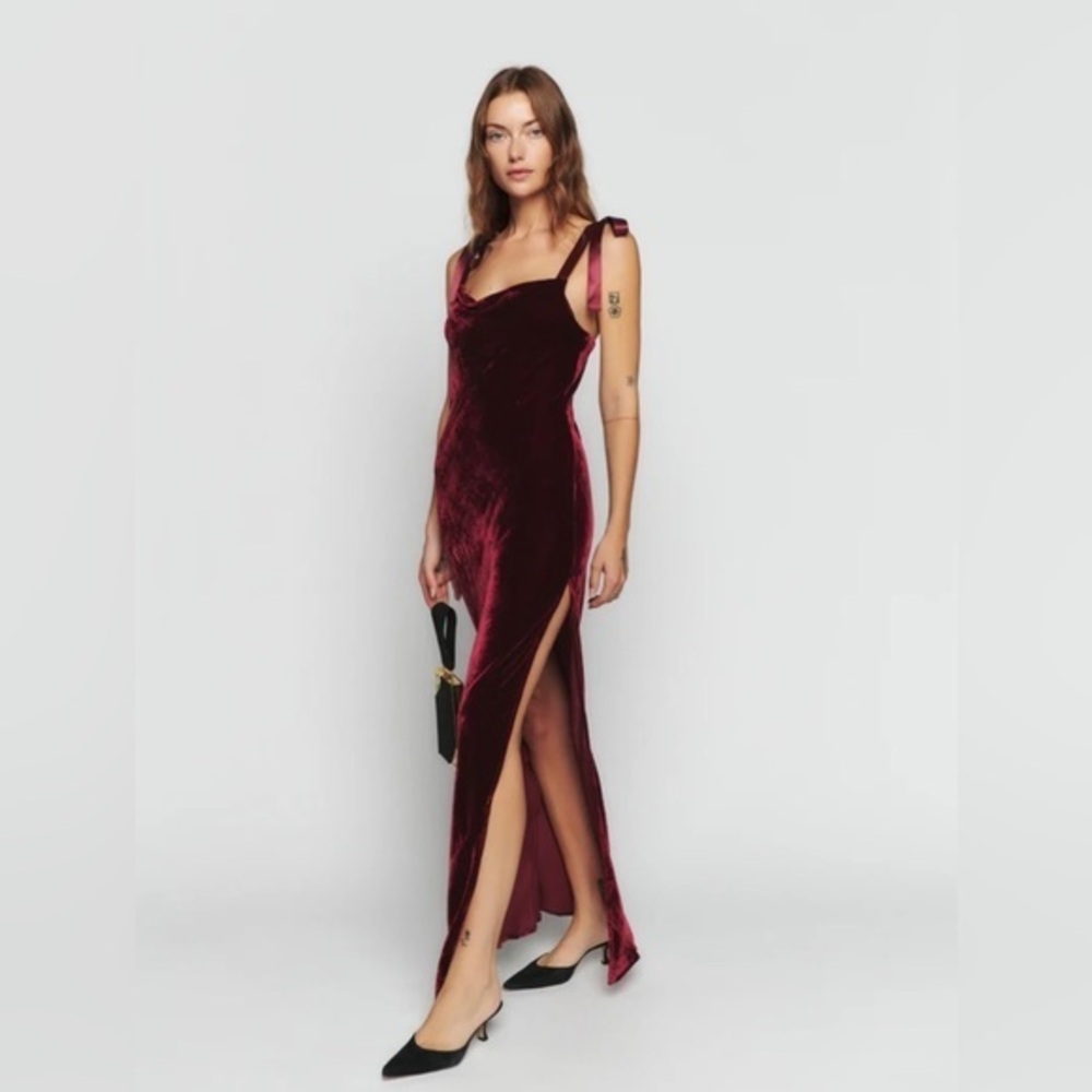Reformation Holiday Nya Tie Strap Velvet Maxi Dress Chianti Maroon/Burgundy S